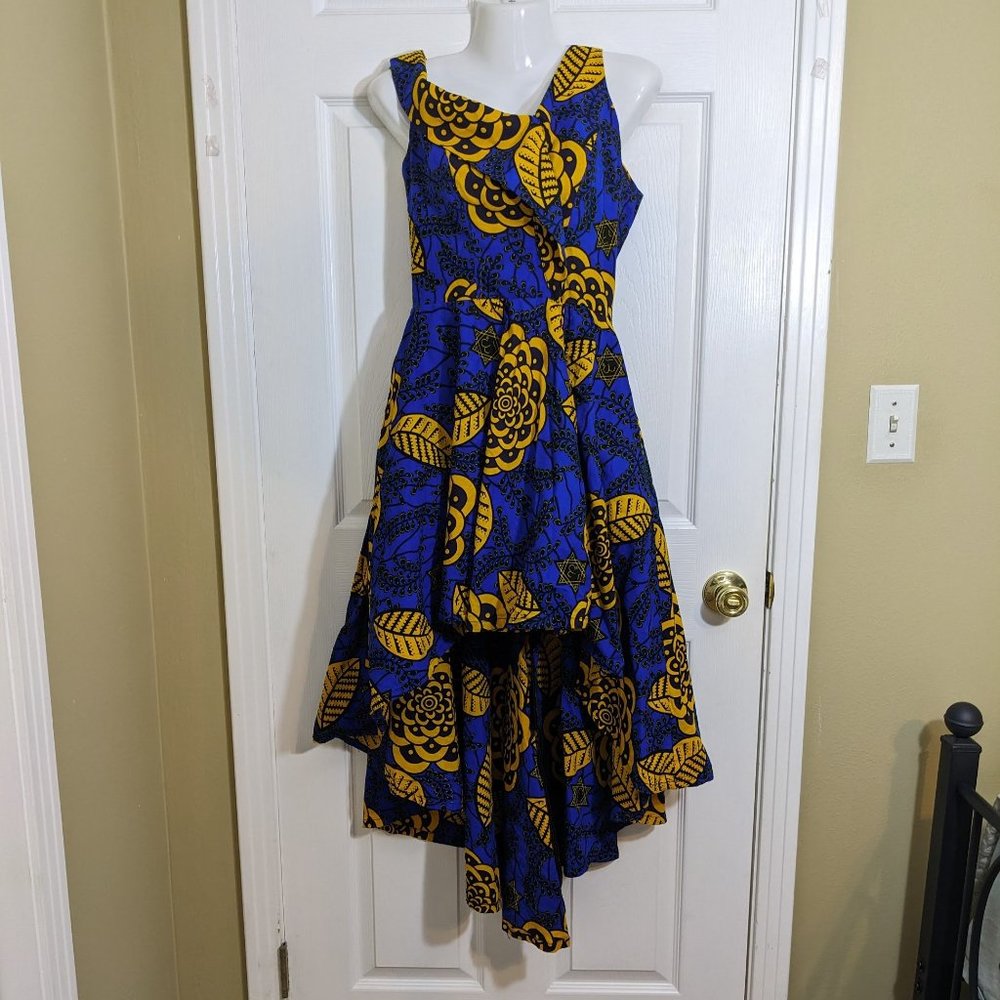 Ray Darten Blue & Gold Sleeveless Asymmetrical Hi-Lo Midi Hem Dress - size S